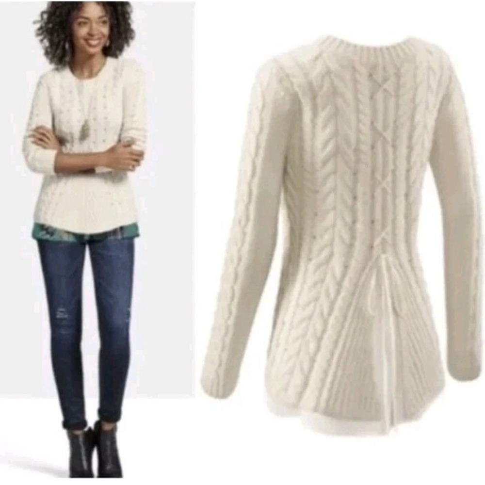 Cabi  Lace-Up Back‎ Sweater Cable Knit Women's Sz M Ivory Cream Cottagecore Warm